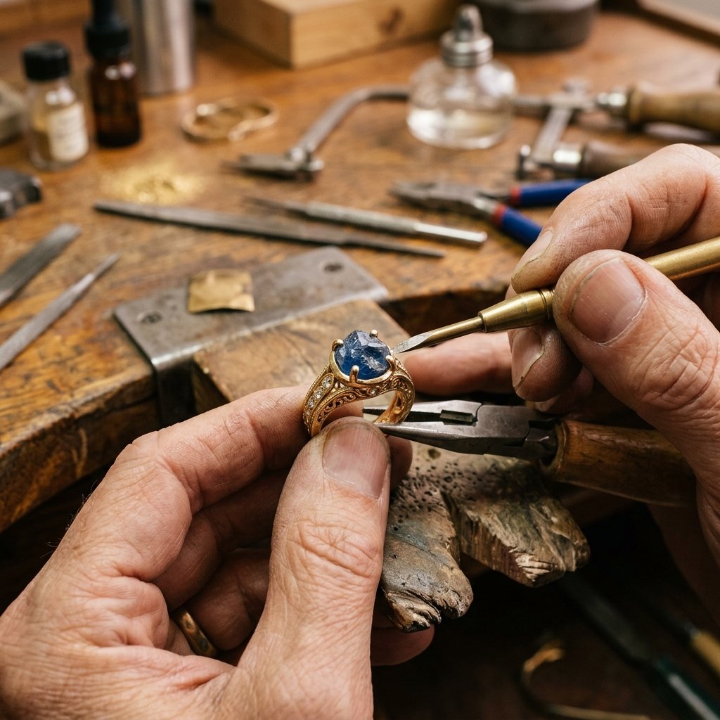 Artisan jeweler hand-setting Ceylon sapphire